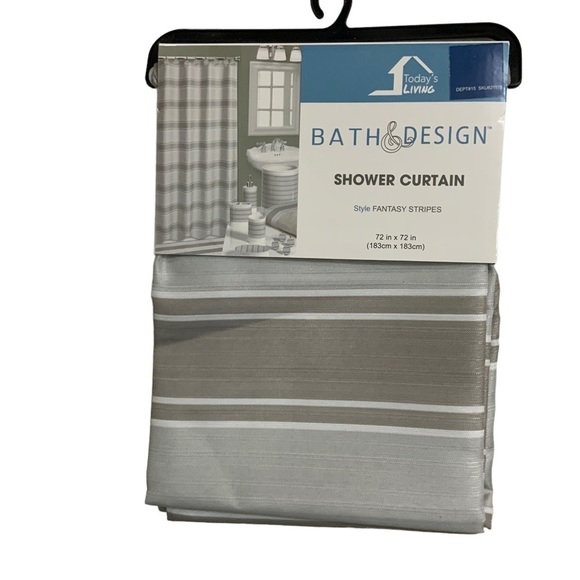Striped Fabric Shower Curtain Ceramic Accessories 3 Pieces White Grey Tan Khaki - Picture 4 of 15